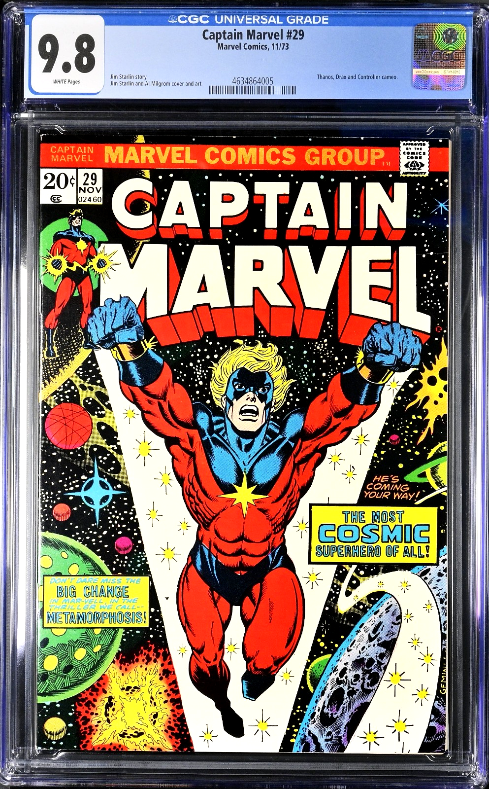 Captain Marvel # 29 (1973) CGC 9.8 WHITE Iconic Jim Starlin Cover KEY Power Gain