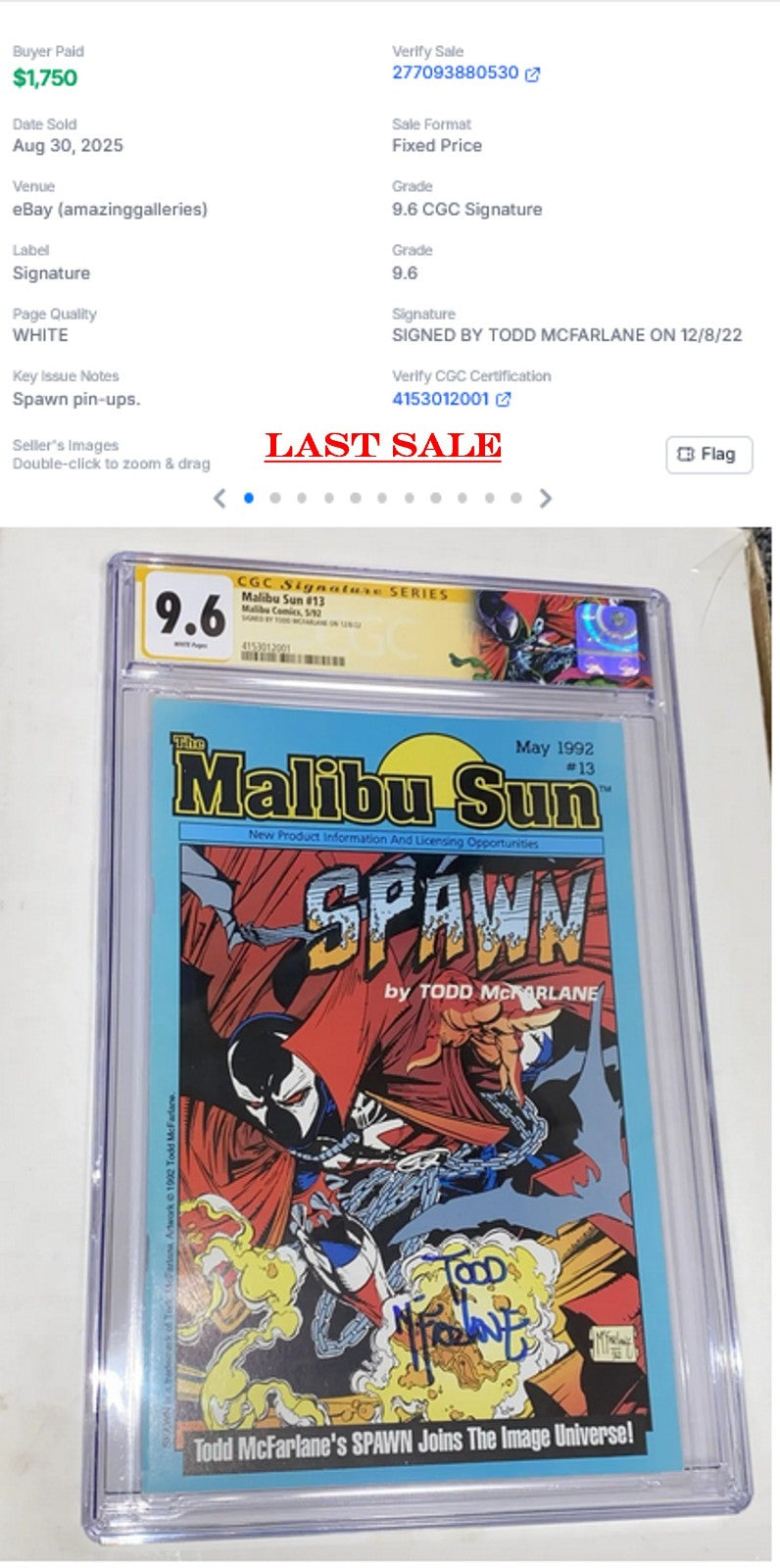 Malibu Sun #13 (1991) CGC 9.6 NM+ SS 1st Spawn McFarlane Signature Custom Label