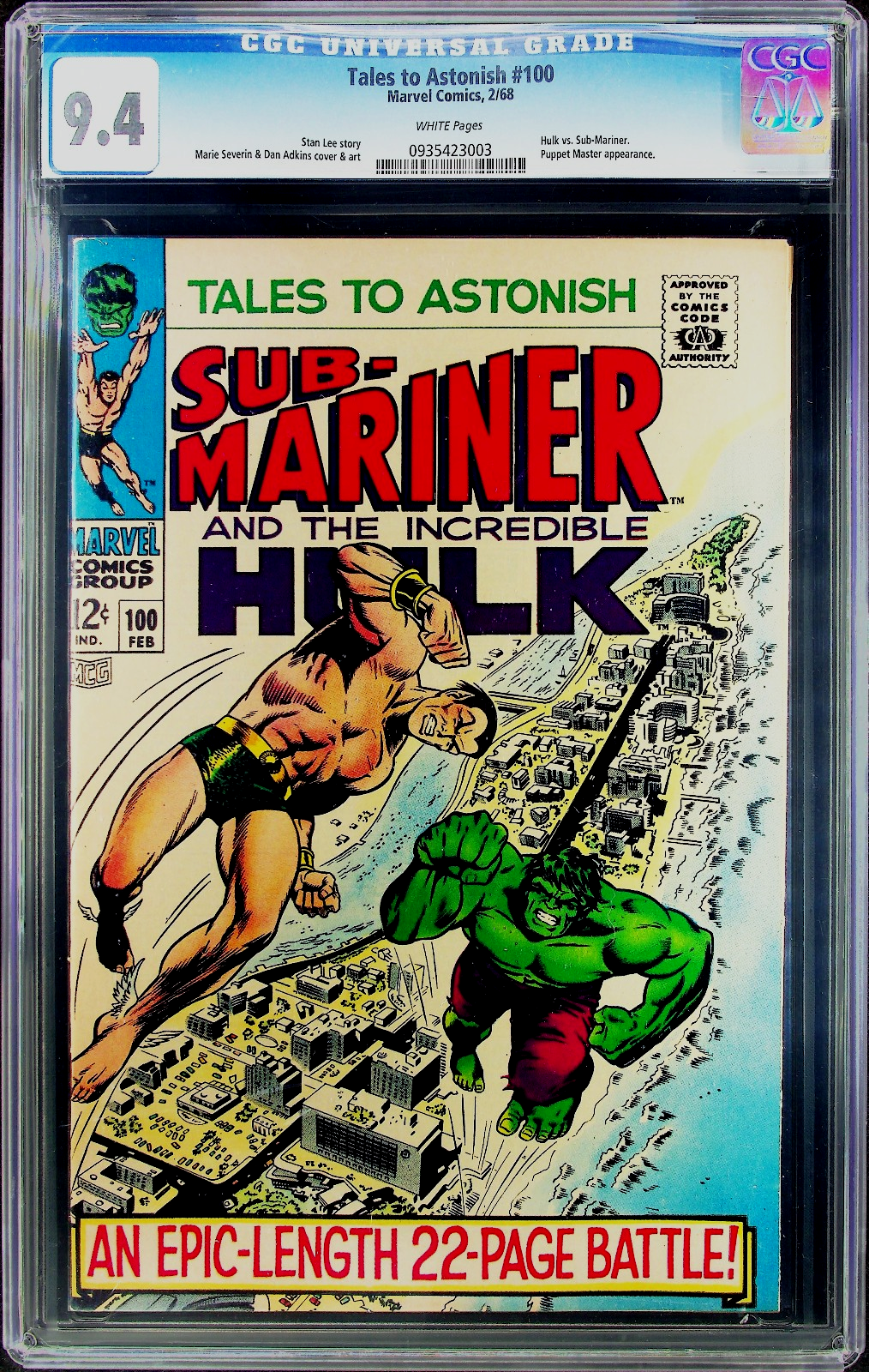 Tales To Astonish #100 (1968) CGC 9.4 NM WHITE Hulk vs Sub-Mariner Battle Cover