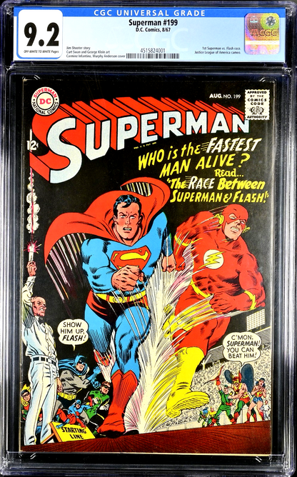 Superman #199 (1967) CGC 9.2 NM- OW White Key 1st Superman vs Flash Race