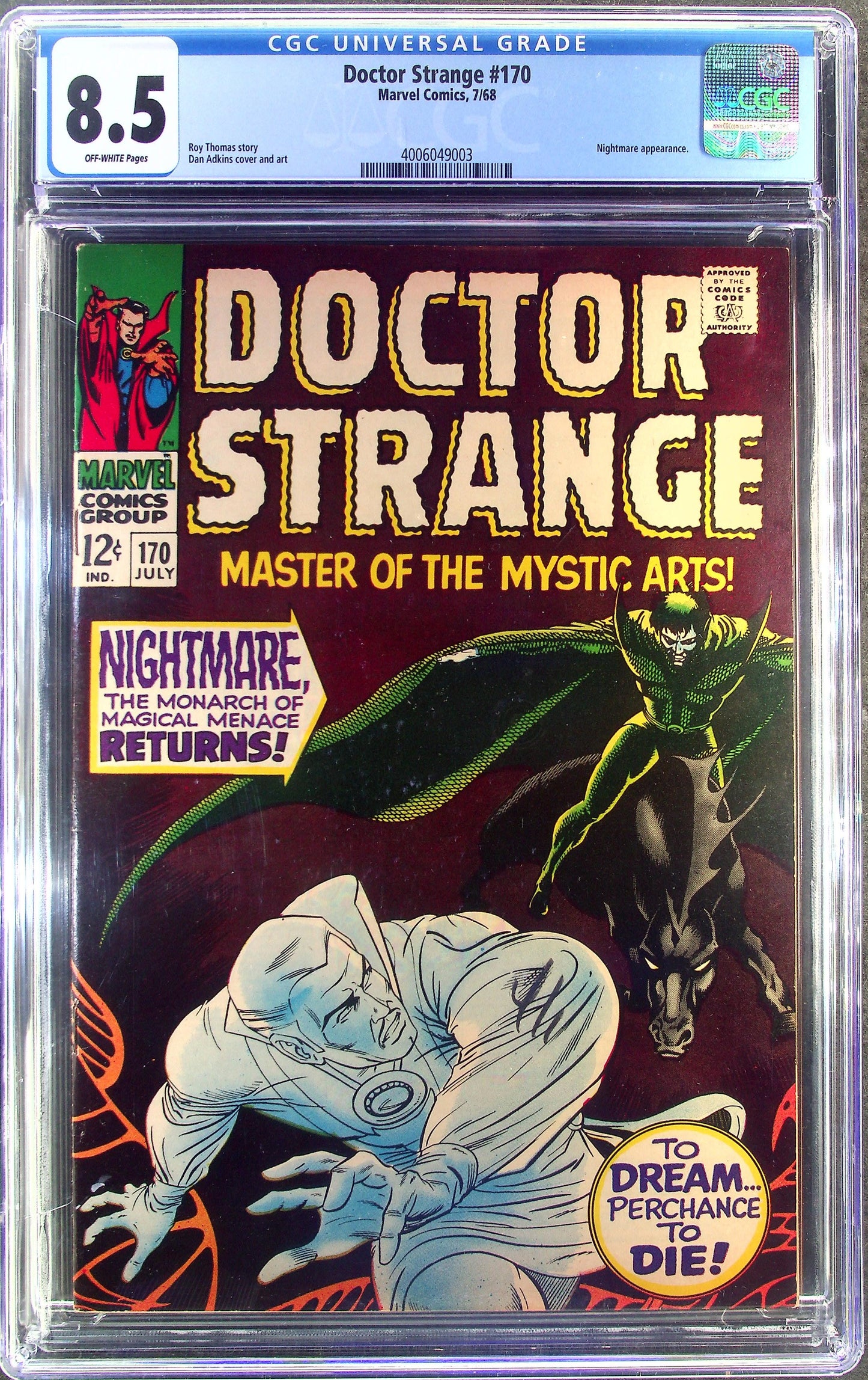 Doctor Strange #170 (1968) CGC 8.5 VF+ OW Pages KEY Nightmare Appearance