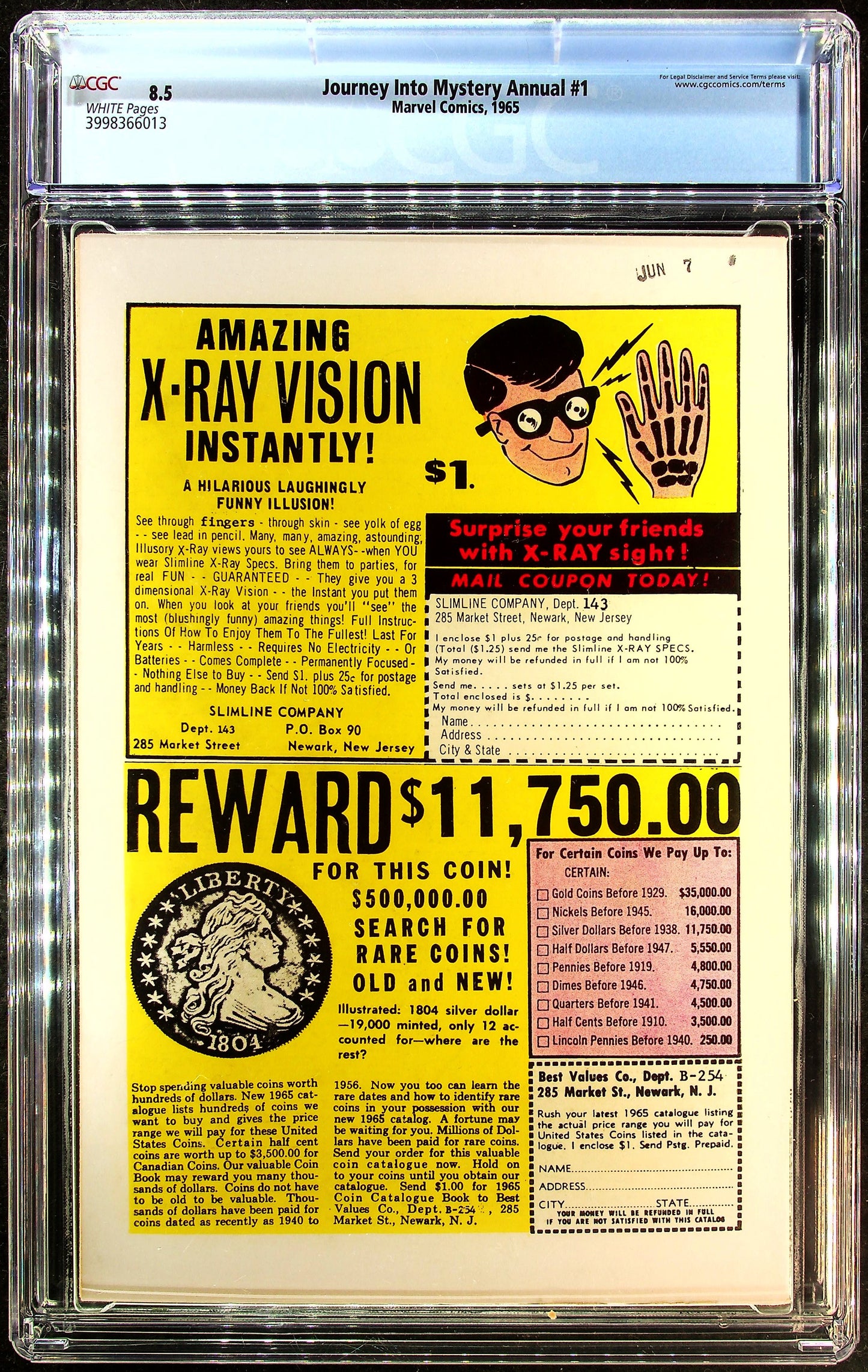 Journey Into Mystery Annual #1 (1965) CGC 8.5 VF+ WHITE KEY 1st Hercules vs Thor