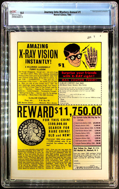 Journey Into Mystery Annual #1 (1965) CGC 8.5 VF+ WHITE KEY 1st Hercules vs Thor