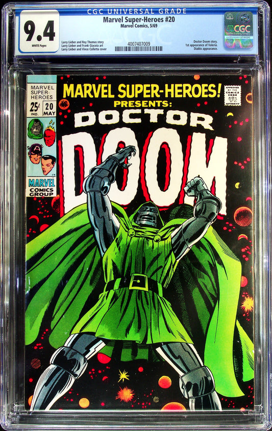 Marvel Super-Heroes #20 (1969) CGC 9.4 NM WHITE KEY Solo Doctor Doom 1st Valeria